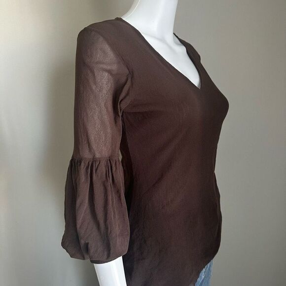 Y2K Brown Mesh Overlay V~Neck Top - Picture 4 of 6